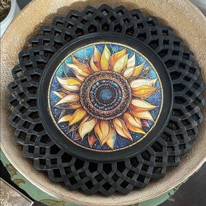 Sunflower Mandala Round Decorative Tray - Yellow & Blue